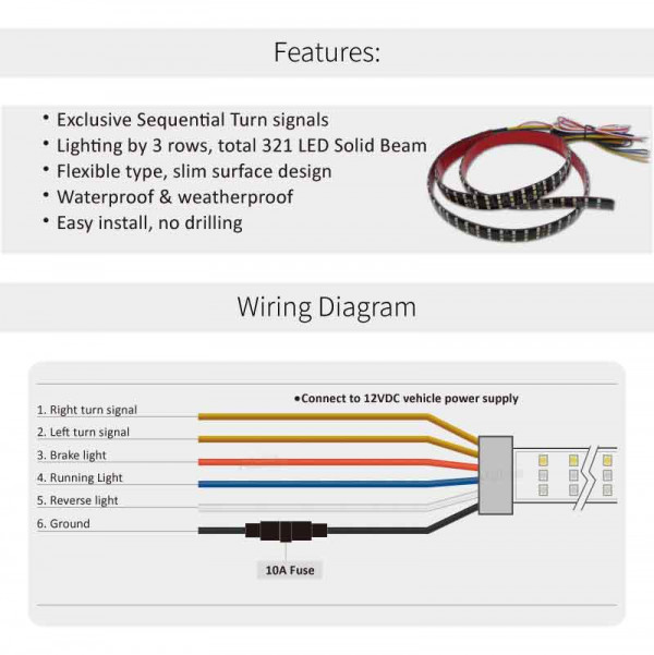 Motorcycle Tail Light Triple LED Strip Flexible Sequential Turn Signal